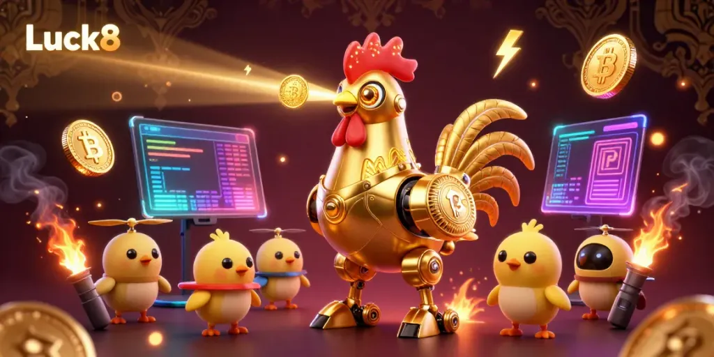 Experience the thrill with Luck8's vibrant casino atmosphere featuring golden rooster robots and cryptocurrencies.