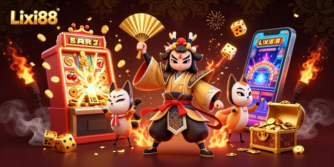 Lixi88 showcases a vibrant 3D scene highlighting exciting casino elements, including a kabuki warrior and jackpot slot machine.