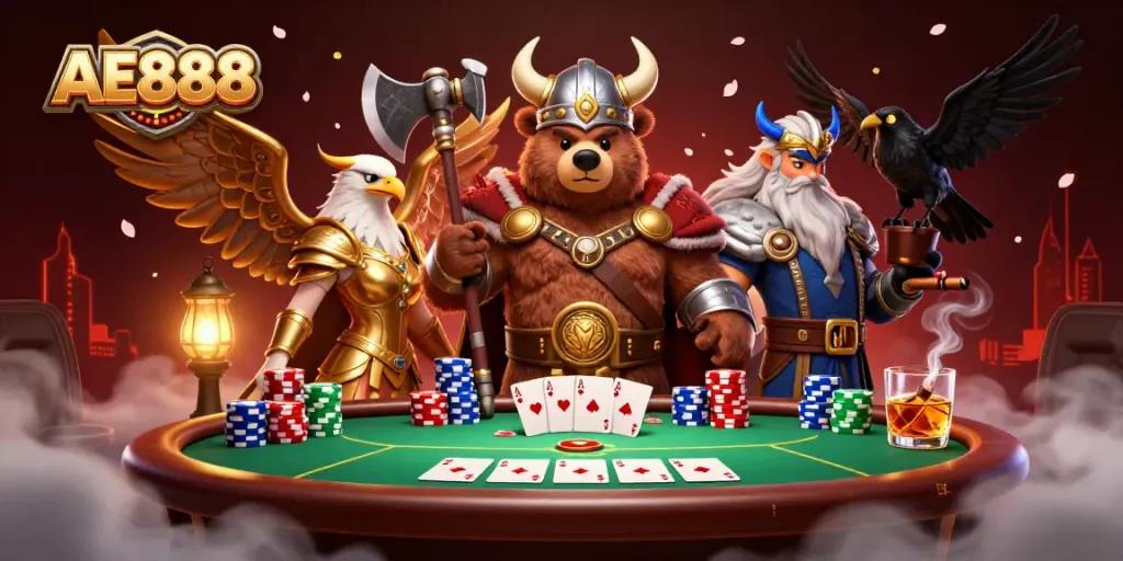 Experience the thrill of AE888 with dynamic casino imagery featuring poker elements and fantasy characters.