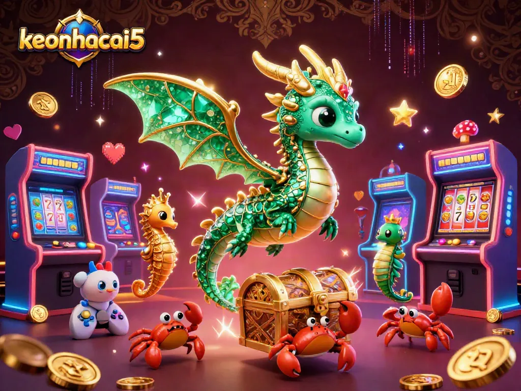 Engage with the magic of keonhacai5 in a vibrant, casino-inspired scene filled with golden treasures and gaming excitement.