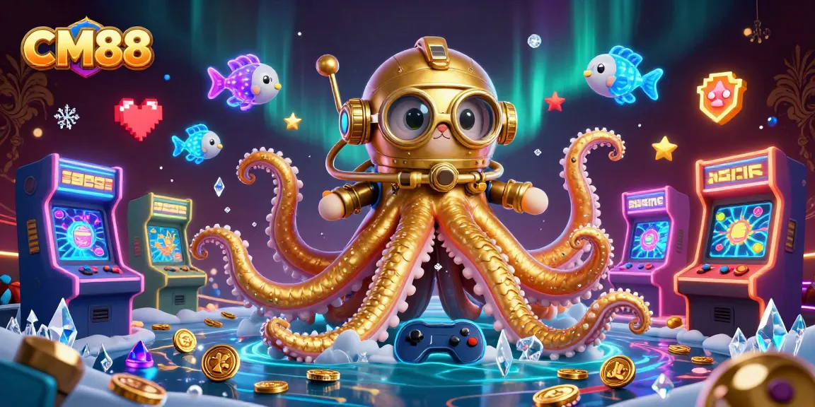 Engage with CM88's vibrant gaming world featuring a kraken, diving cat, and luminescent fish.