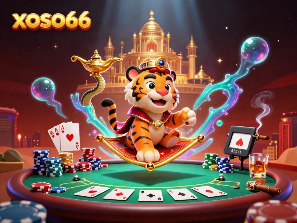 Experience the thrill of xoso66 with a vibrant casino illustration featuring a tiger sultan and poker elements.