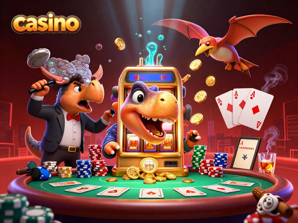 Exciting casino scene with a dinosaur headbutting a slot machine amidst colorful poker elements.