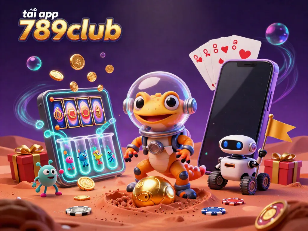Engage with the fun of tải app 789club through a lively casino scene featuring a Martian gecko and its alien friends.