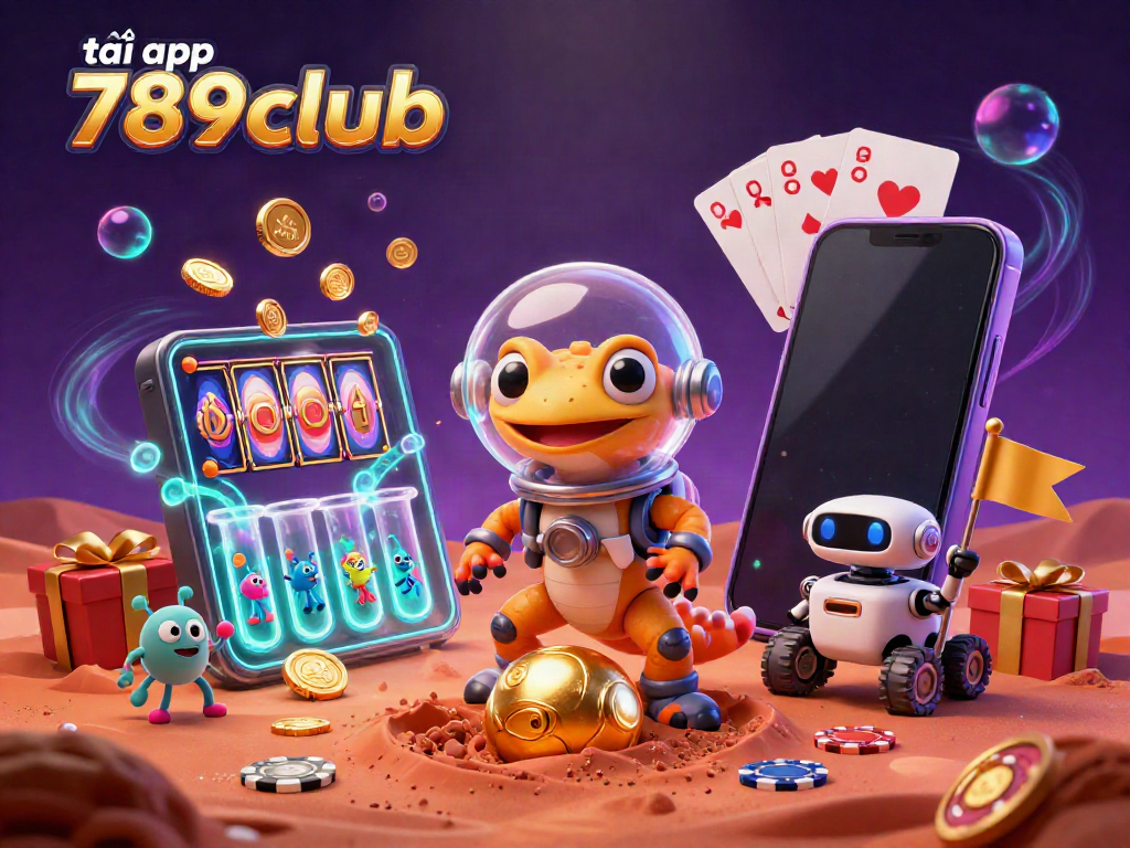 Engage with the fun of tải app 789club through a lively casino scene featuring a Martian gecko and its alien friends.