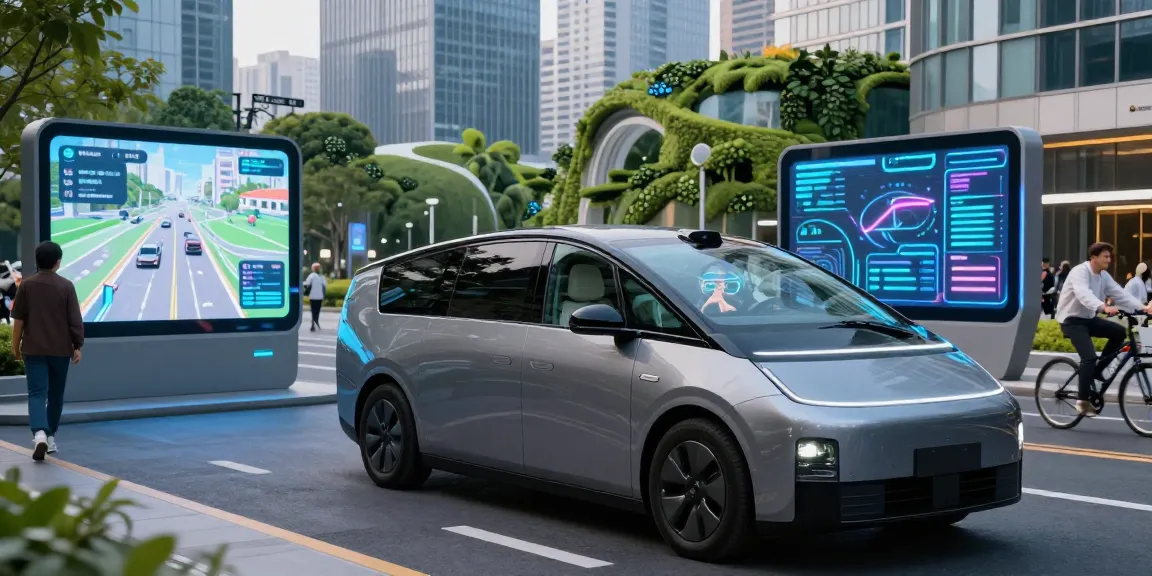 Autonomous driving vehicle in a modern urban setting, showcasing advanced technology and urban coexistence.