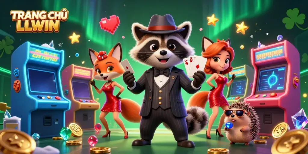 Engage with TRANG CHỦ LLWIN's lively gaming scene, showcasing a raccoon and fox amidst vibrant casino elements.
