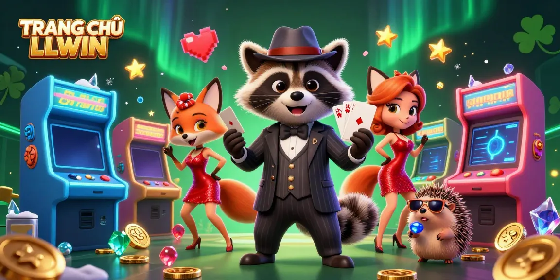 Engage with TRANG CHỦ LLWIN's lively gaming scene, showcasing a raccoon and fox amidst vibrant casino elements.
