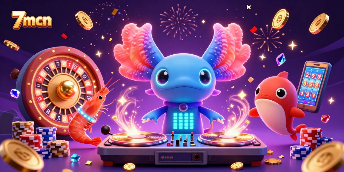 Watch 7mcn's vibrant casino scene with a DJ axolotl and animated characters spinning slots and roulette.