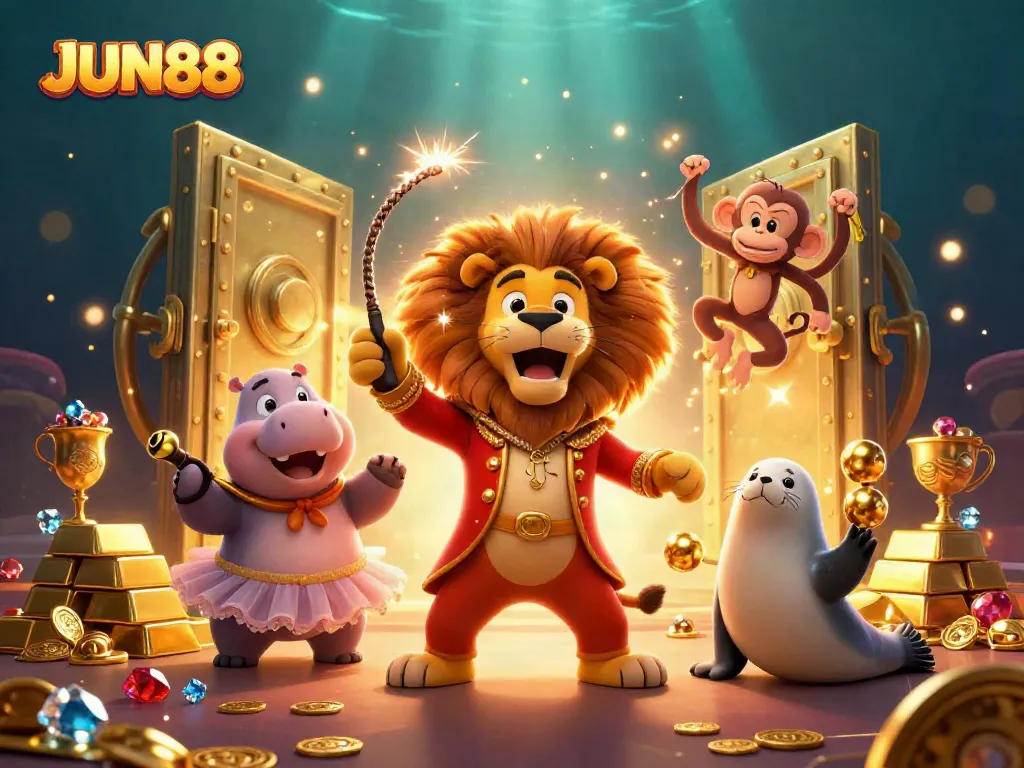 Experience thrilling gameplay at JUN88 with animated casino characters amidst a treasure-laden scene.