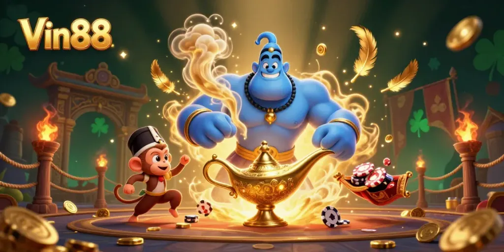 Experience excitement at Vin88 with dynamic casino elements and a magical genie theme.