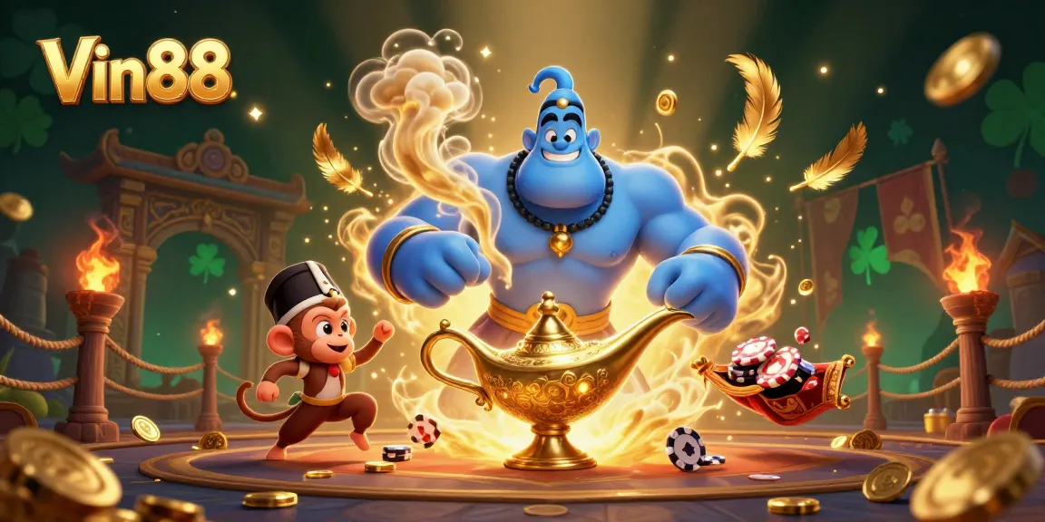 Experience excitement at Vin88 with dynamic casino elements and a magical genie theme.