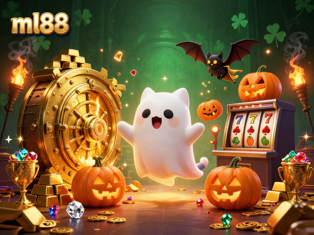Experience the excitement of ml88 as the ghost cat plays in a haunted casino with treasures and slot games.