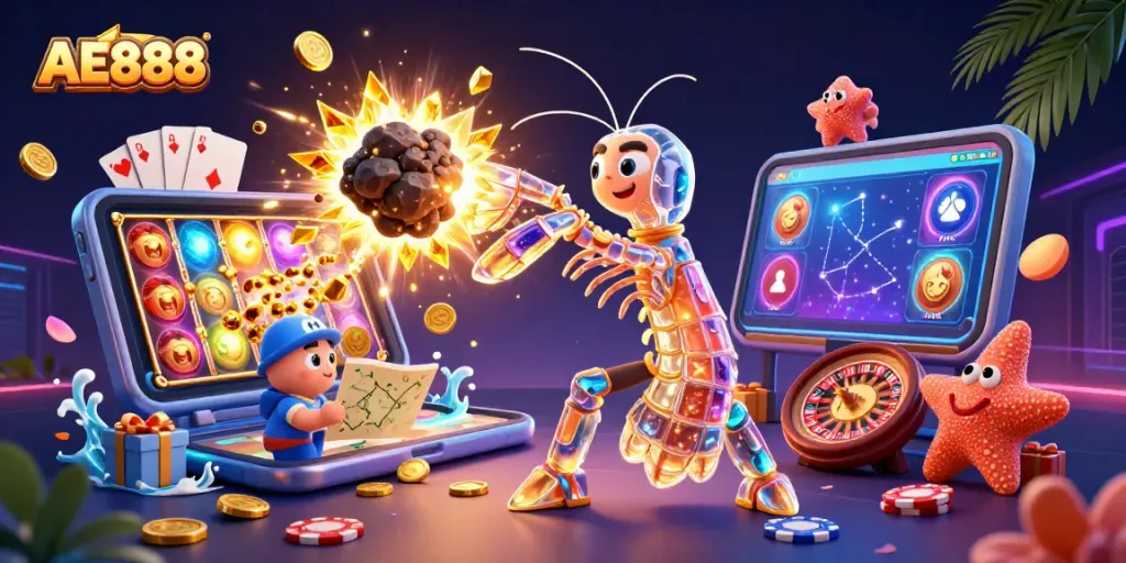 Experience dynamic gaming with AE888 as a colorful slot game erupts in gems and coins.