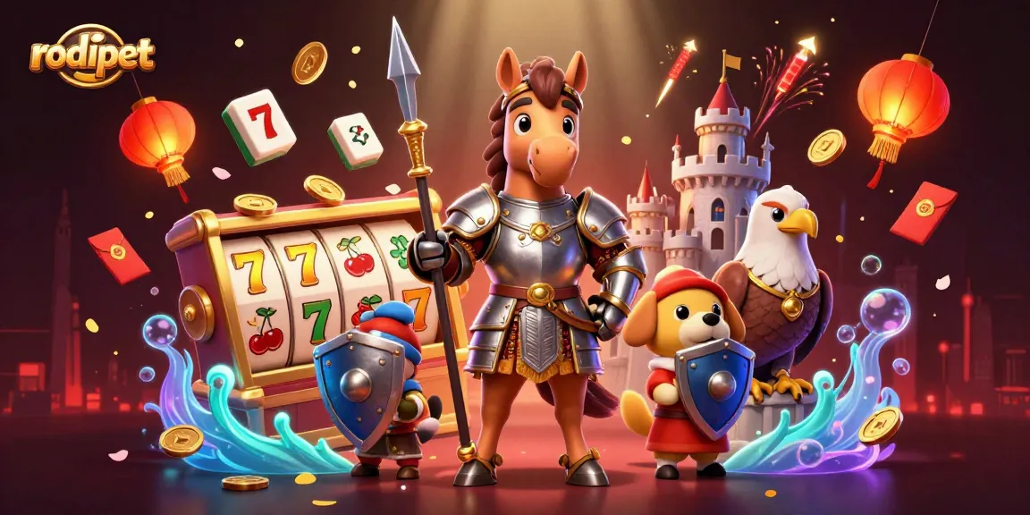 Experience dynamic gaming action with rodipet as knight and friends engage in spinning slots in a vibrant scene.