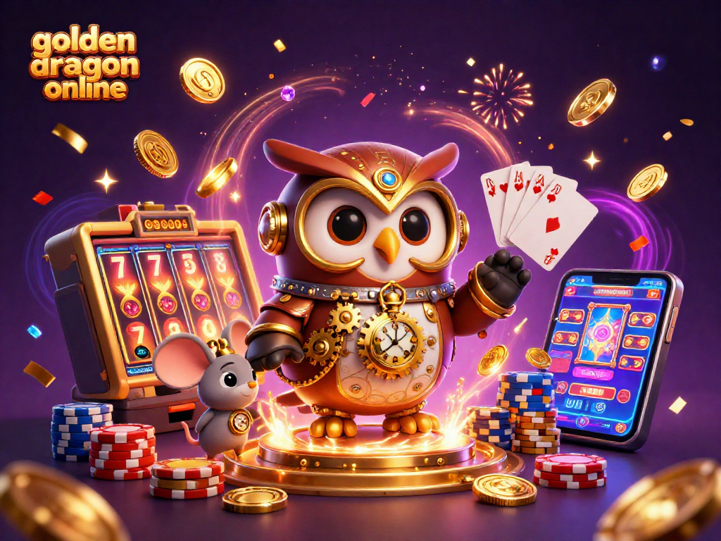 Cascade golden coins and gems around golden dragon online themes in an exciting casino scene.