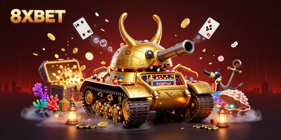 8XBET showcases a unique casino experience through a massive golden tank, complete with mini patrons and confetti.