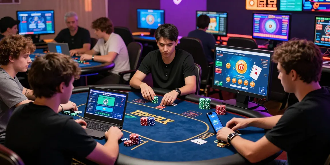 Engaging online poker experience on Dominobet featuring players focused on their screens playing Daftar Dominobet games with ambient lighting.