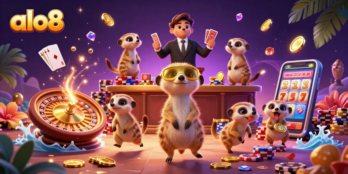 Experience thrilling gaming adventures with ALO8's vibrant casino meerkat scene bursting with excitement.