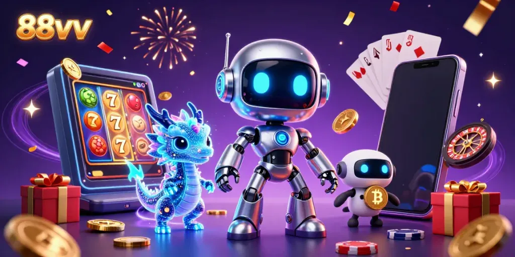Engage with the digital world of 88vv as vibrant characters celebrate wins and excitement.
