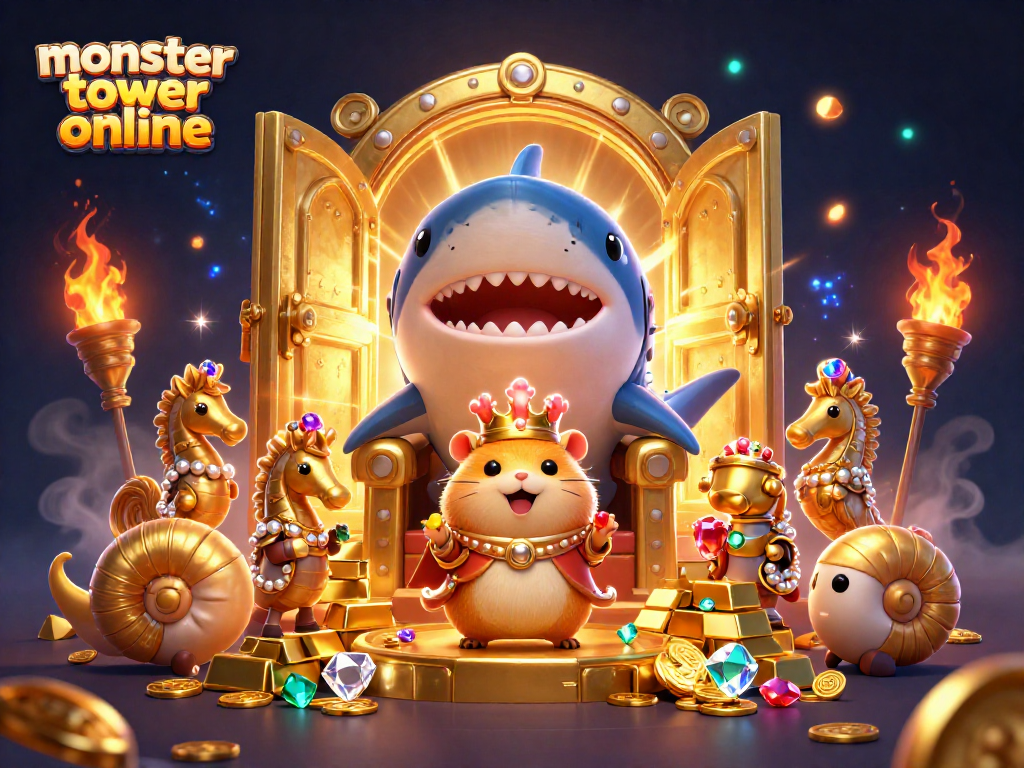 Engage in monster tower online with a fierce golden hamster king and treasure overflowing in a dynamic scene.