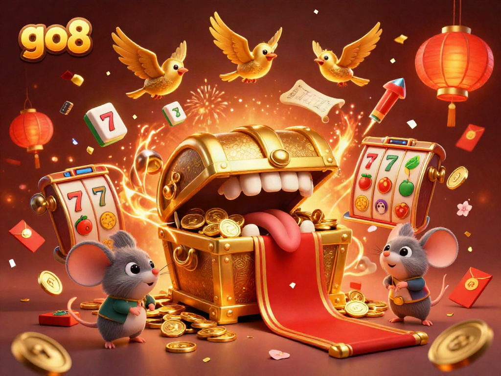 Experience the thrill of go8 with a captivating treasure chest and dynamic slot game elements.