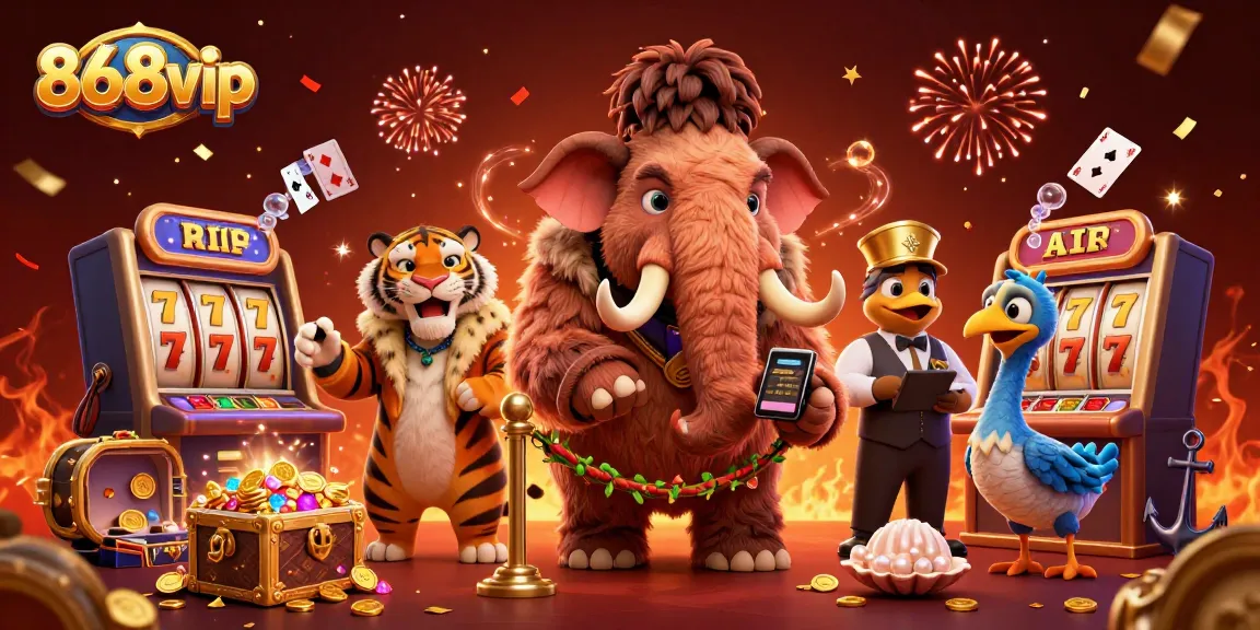 Experience excitement at 868vip with a VIP casino entrance scene featuring cartoon animals and gaming elements.