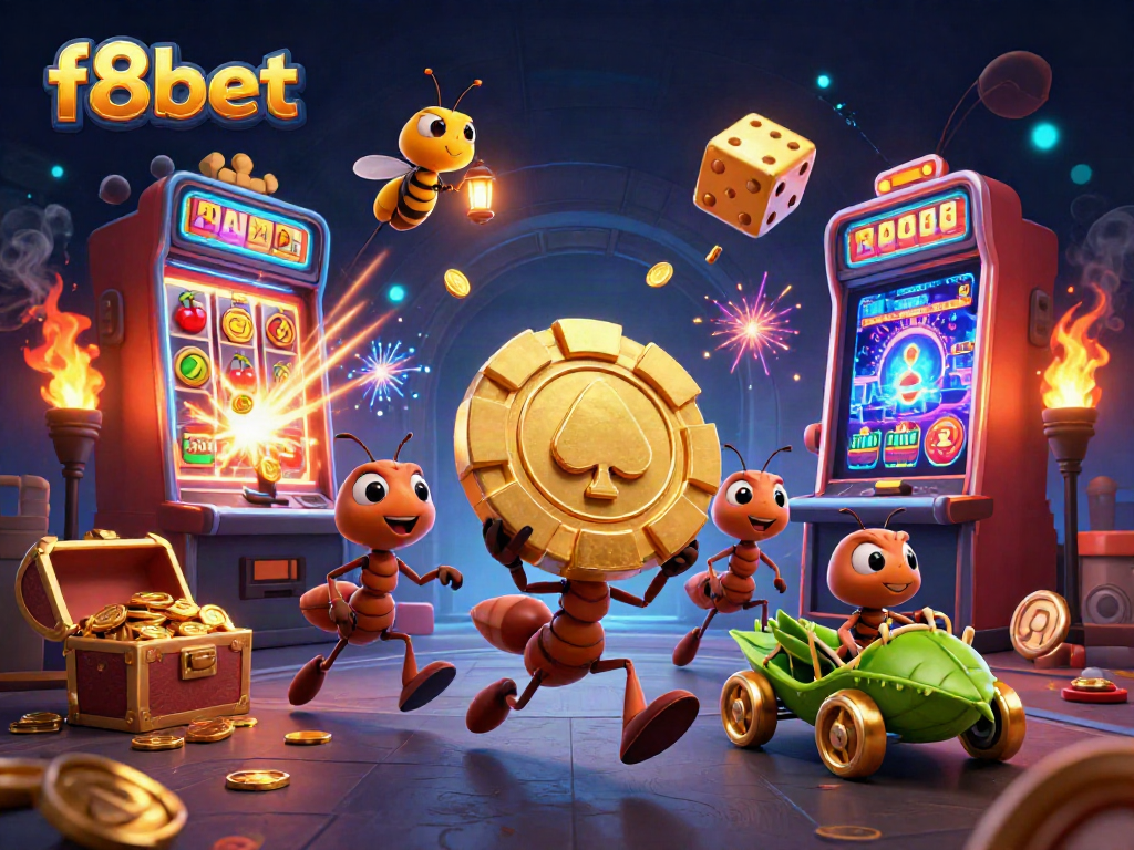 Experience thrilling f8bet casino action with cartoon ants heisting a giant poker chip!