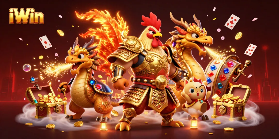 Experience the thrill of iWin with this dynamic illustration of a fighting rooster warrior in a rich casino scene.
