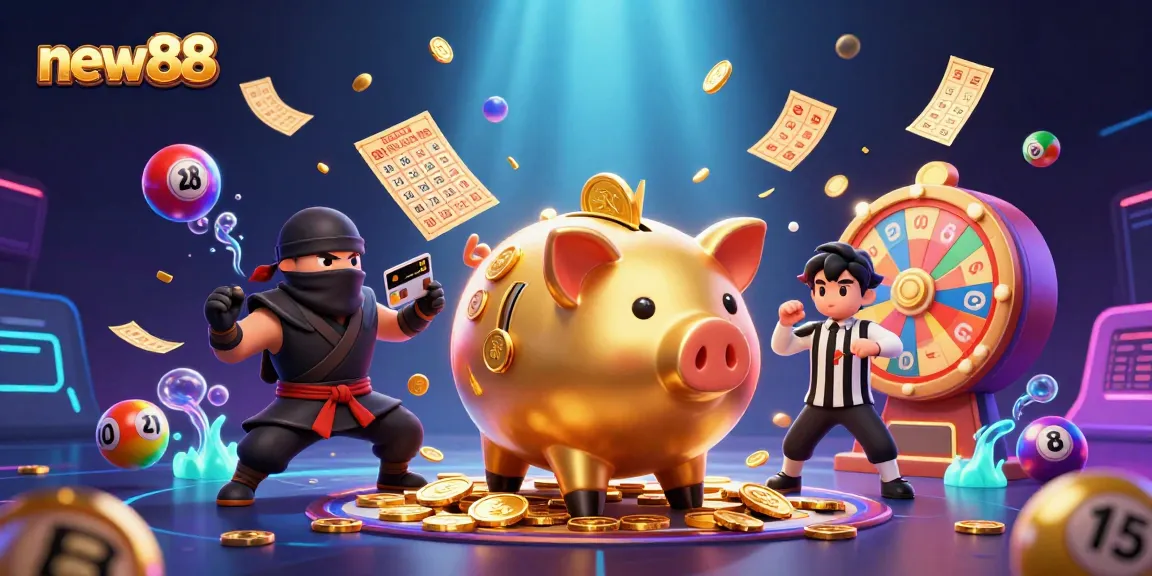 Join the excitement with new88 as the golden piggy bank sumo wrestler breaks with coins amidst a vibrant casino scene.