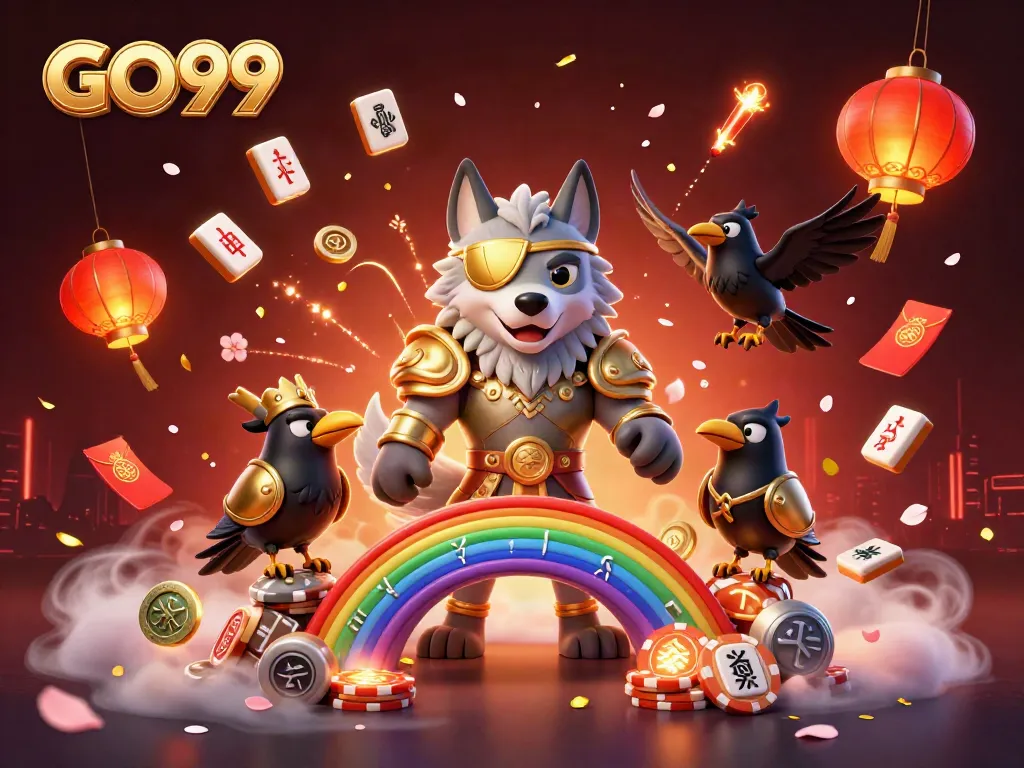 GO99 captures excitement with a vibrant gaming scene featuring a Norse wolf and floating casino treasures.