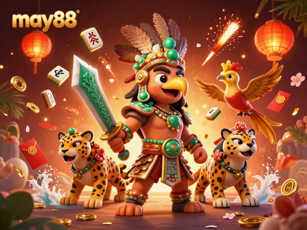 Experience excitement at may88 with rich visuals of gaming warriors, lucky symbols, and thrilling elements.