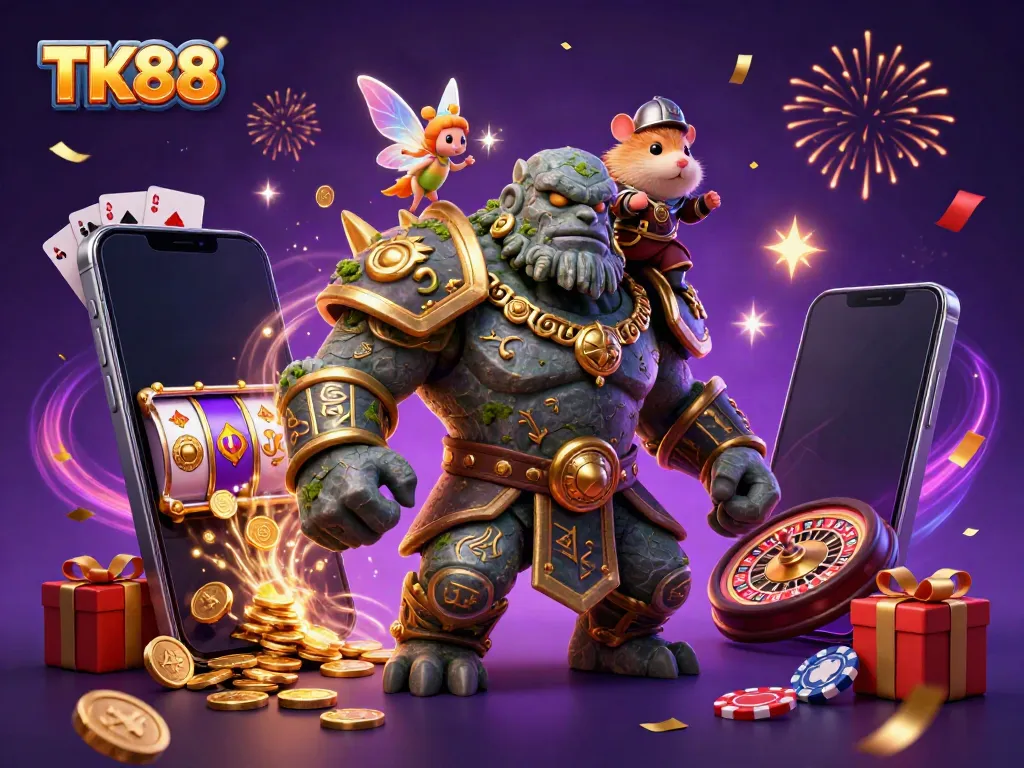 Experience the magic of TK88 with vibrant casino elements and enchanting characters in action.