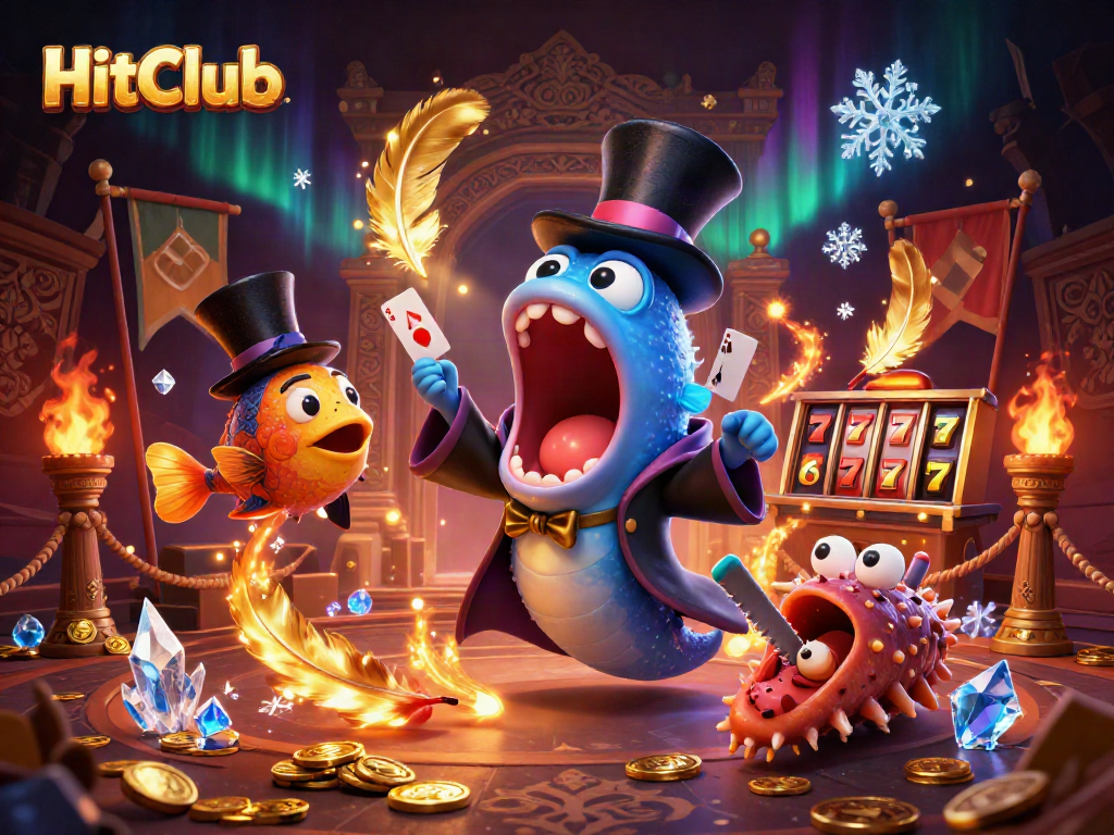 HitClub showcases thrilling card tricks against a magical casino backdrop of gold coins and slot elements.