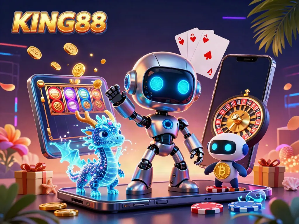 Experience KING88's vibrant casino adventure with a cyberpunk robot and AI companions in a dynamic digital illustration.