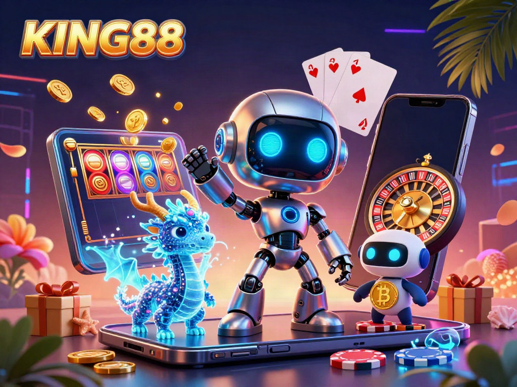 Experience KING88's vibrant casino adventure with a cyberpunk robot and AI companions in a dynamic digital illustration.