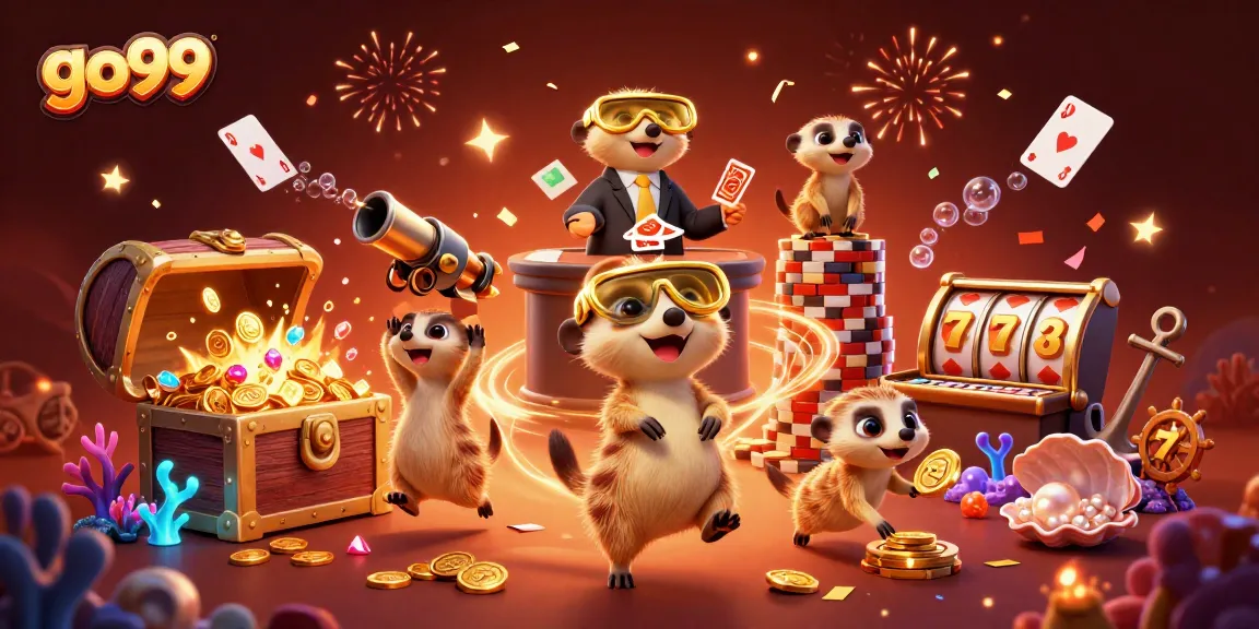 Engage in fun with go99's meerkat-themed casino, featuring slot reels, vibrant characters, and dynamic play elements.