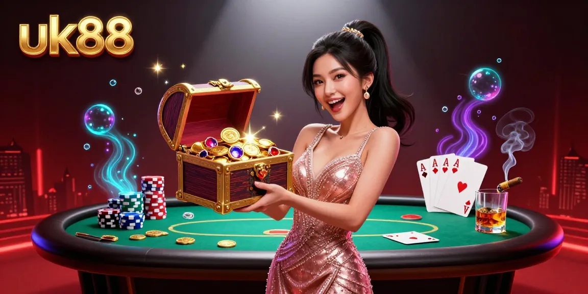 Experience thrilling uk88 casino excitement as a joyful dealer shares a treasure chest of rewards amidst vibrant poker elements.