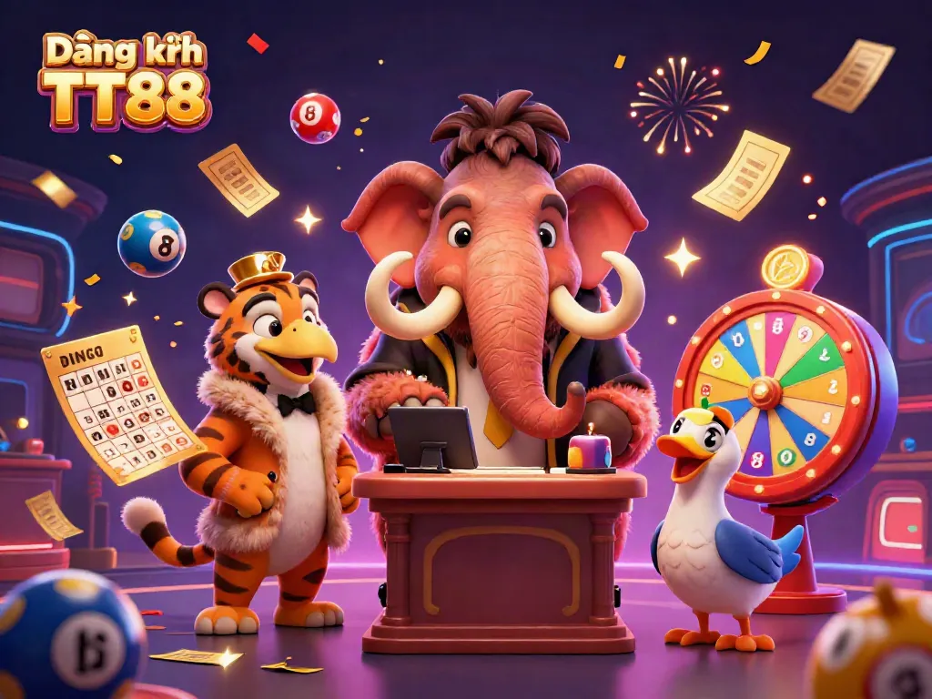 Witness the energetic entrance to Đăng ký TT88 with a woolly mammoth checking IDs, showcasing colorful casino elements.