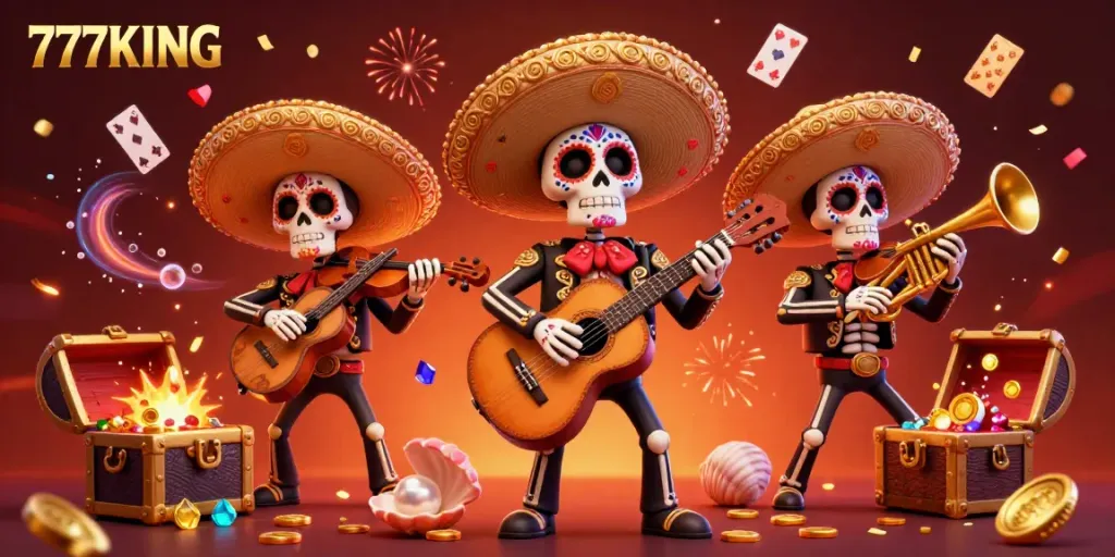 Engage with the vibrant offerings at 777KING featuring a Day of the Dead mariachi band celebrating casino gaming.