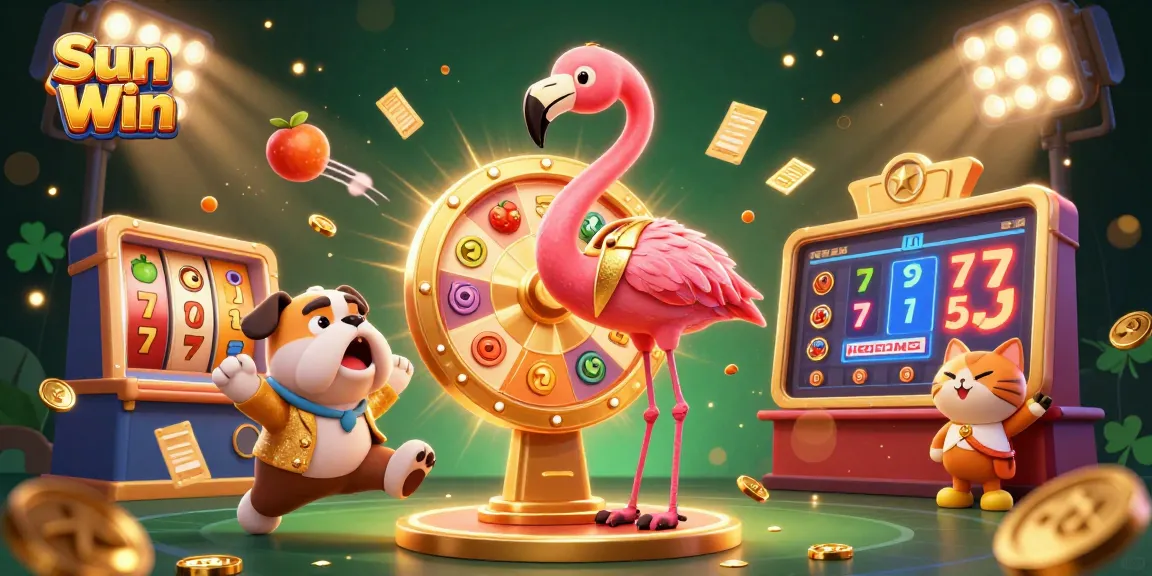 Experience the excitement of Sun Win with lively characters spinning a jackpot prize wheel in a vibrant casino atmosphere.