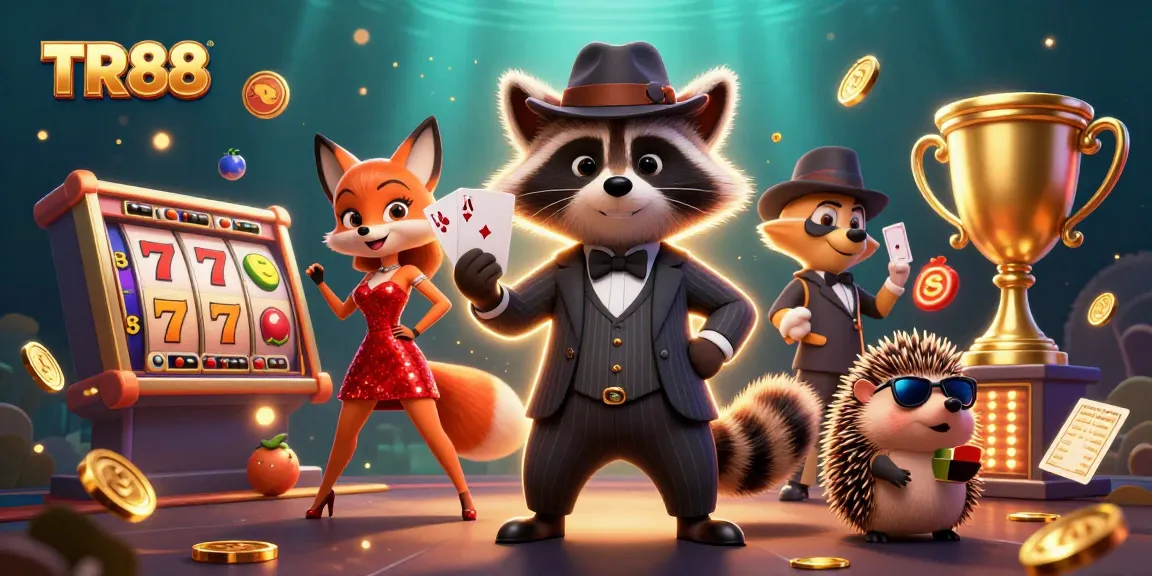 Experience TR 88 with a captivating scene featuring a raccoon, fox, and hedgehog in a dynamic casino atmosphere.