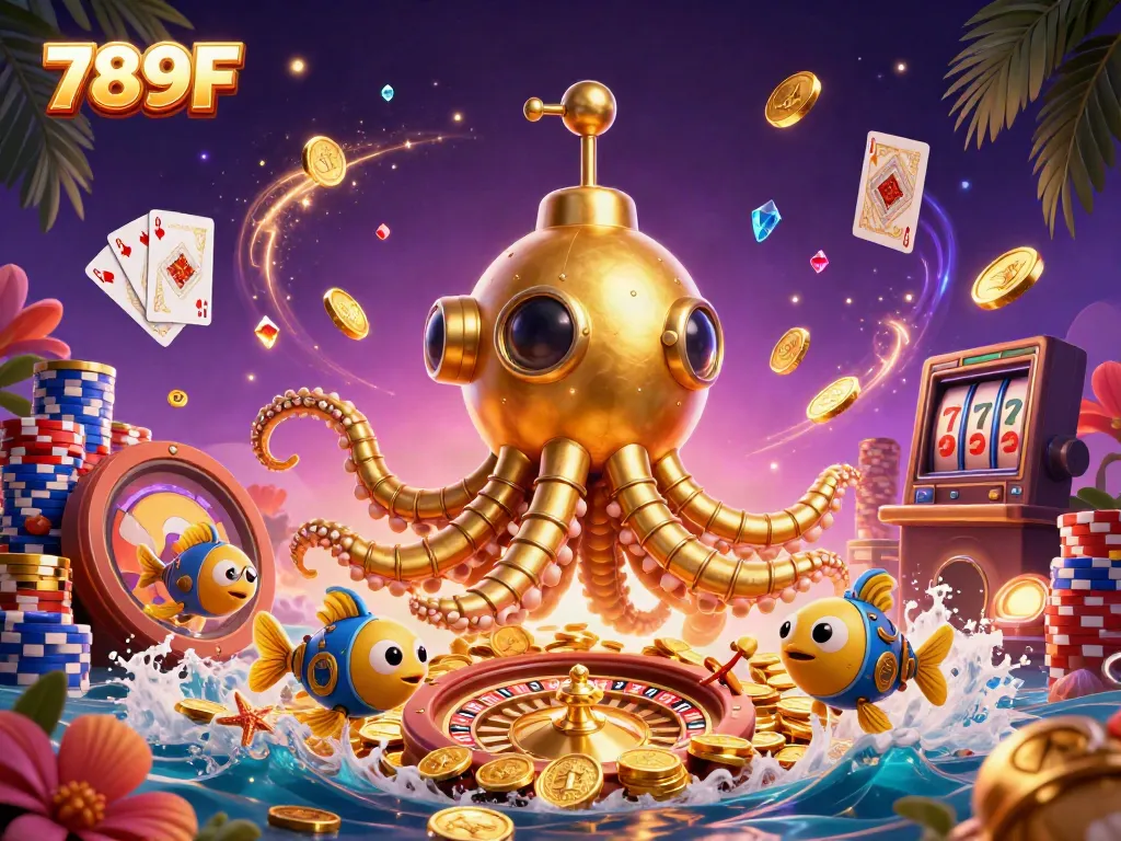 Engage with 789F by experiencing vibrant 3D gaming elements like golden coins and cards.