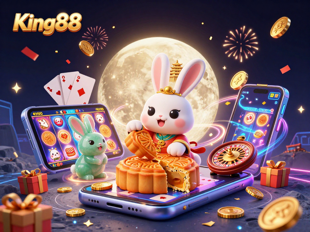 Win big at King88 with a dynamic 3D casino illustration featuring a moon rabbit and gaming elements.