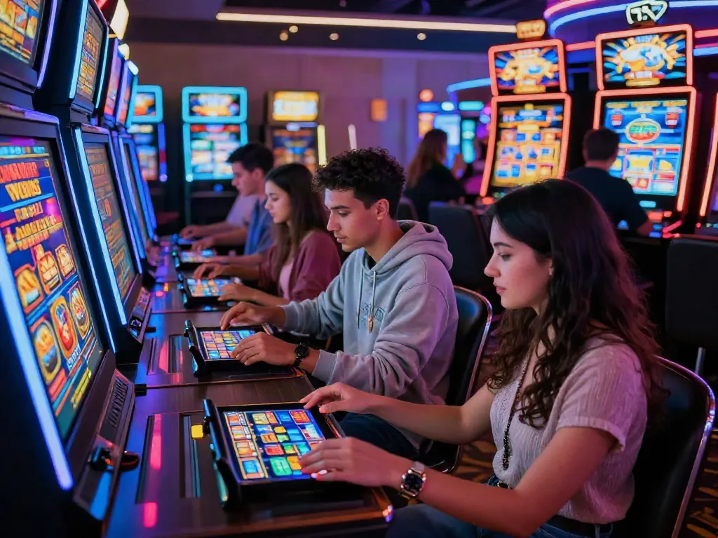 Players enjoying thrilling games at the best casinos for credit cards with vibrant slot graphics.