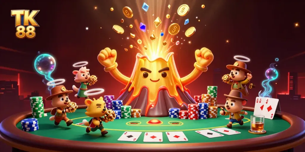 Experience gaming thrills with the triumphant TK 88 volcano erupting treasures in this vibrant casino scene.