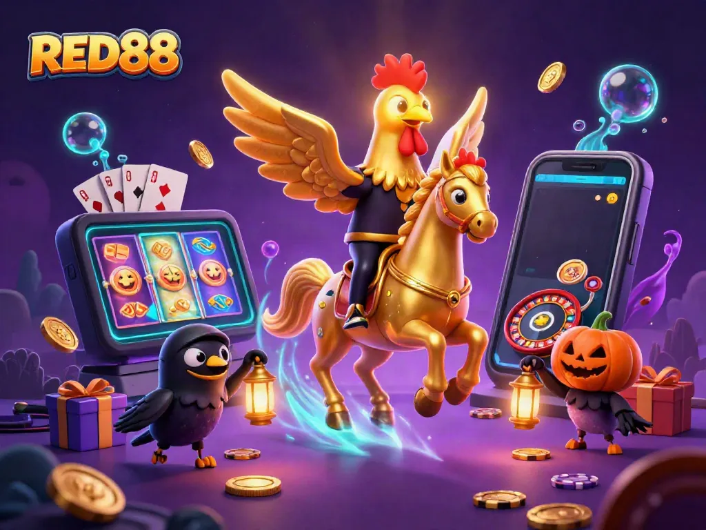 Experience thrilling action at RED88 casino with a golden rooster character and slot games.