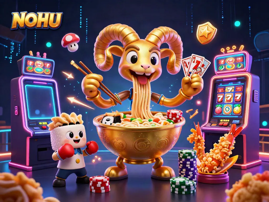 Engage in thrilling jackpot gameplay at NOHU with vibrant slot machines and animated characters.