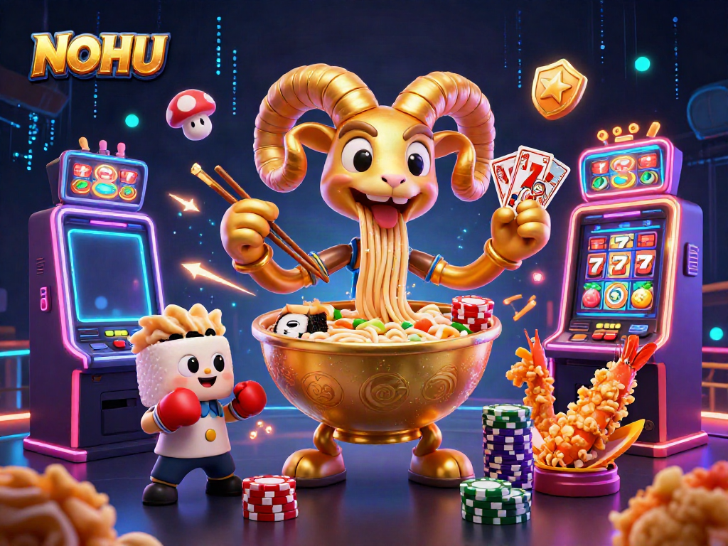 Engage in thrilling jackpot gameplay at NOHU with vibrant slot machines and animated characters.