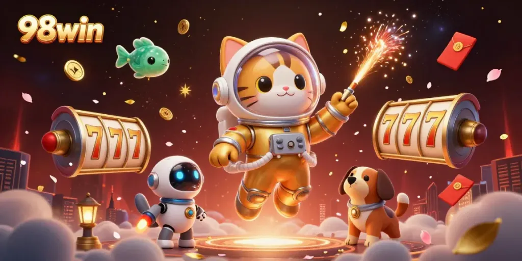 Engage in thrilling gaming experiences with 98win's vibrant and dynamic casino illustration.